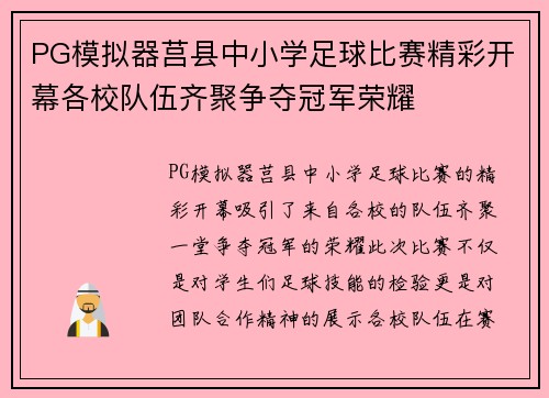 PG模拟器莒县中小学足球比赛精彩开幕各校队伍齐聚争夺冠军荣耀